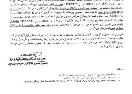 مکاتبه اقای شریعت یار معاون حفظ حقوق عامه و پیشگیری از وقوع جرم با شهردار مشهد در خصوص موضوع تجاری مسکونی داروخانه ها
