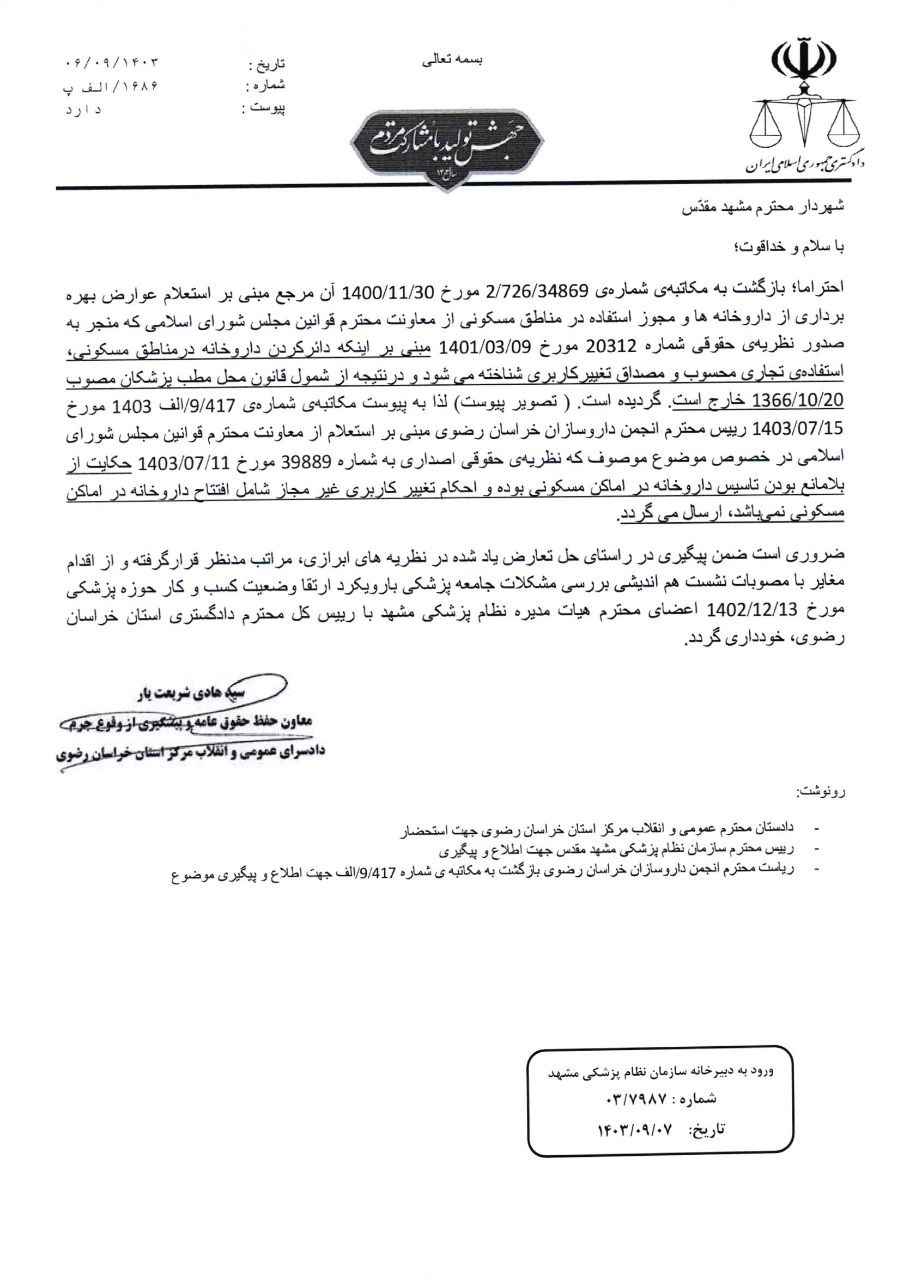 مکاتبه اقای شریعت یار معاون حفظ حقوق عامه و پیشگیری از وقوع جرم با شهردار مشهد در خصوص موضوع تجاری مسکونی داروخانه ها
